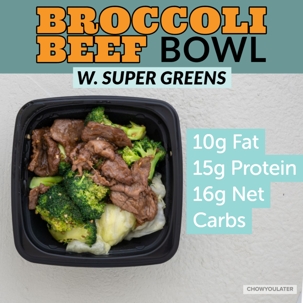 keto broccoli beef bowl with super greens on white background