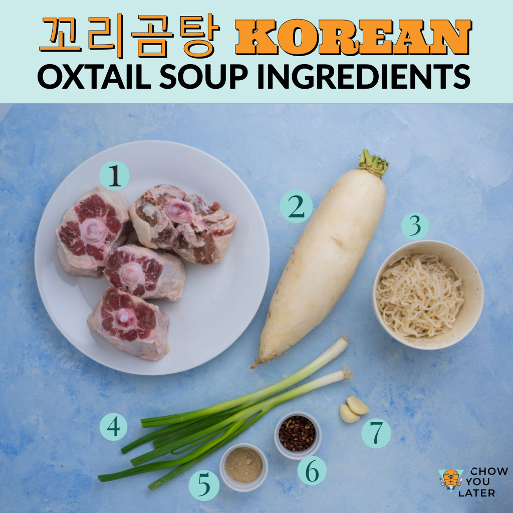 Oxtail Soup ingredients spread out on flat blue surface