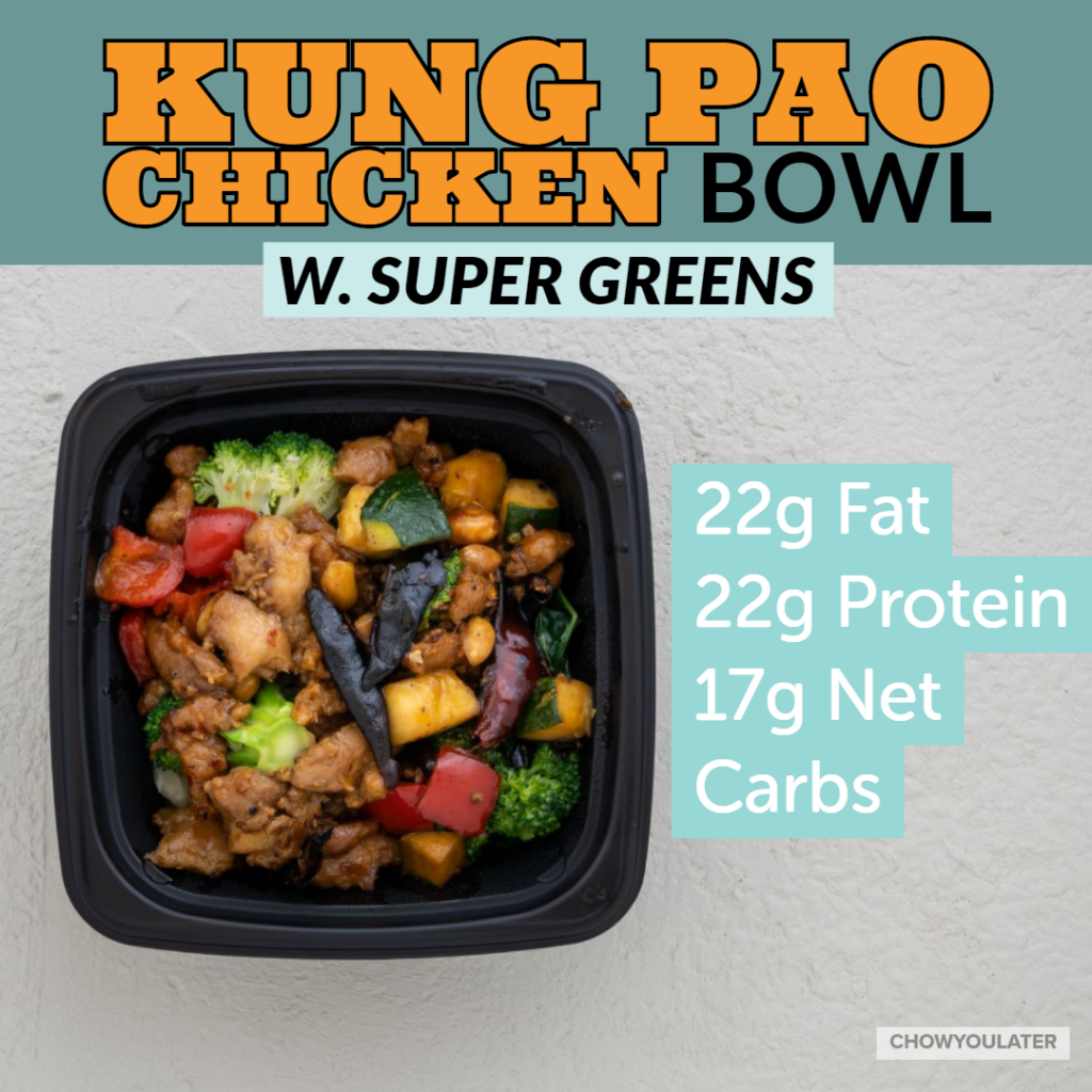 keto kung pao chicken bowl with super greens on white background
