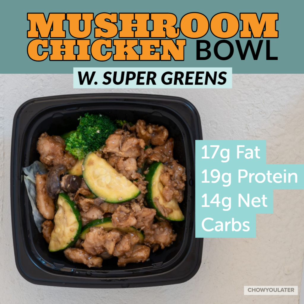 keto mushroom chicken bowl with super greens on white background