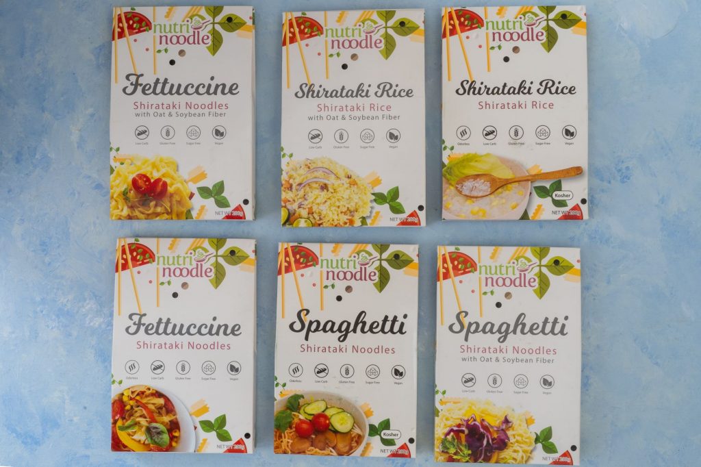 Nutri Noodle packages of fettuccine, shirataki rice, and spaghetti