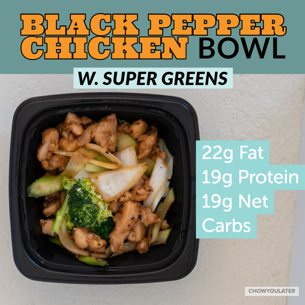 keto black pepper chicken bowl with super green on white background