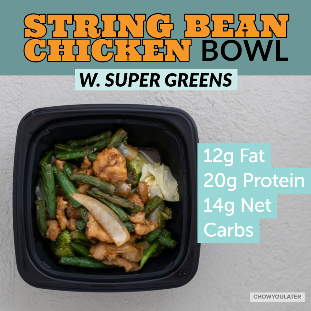 keto string bean chicken bowl with super greens on white background