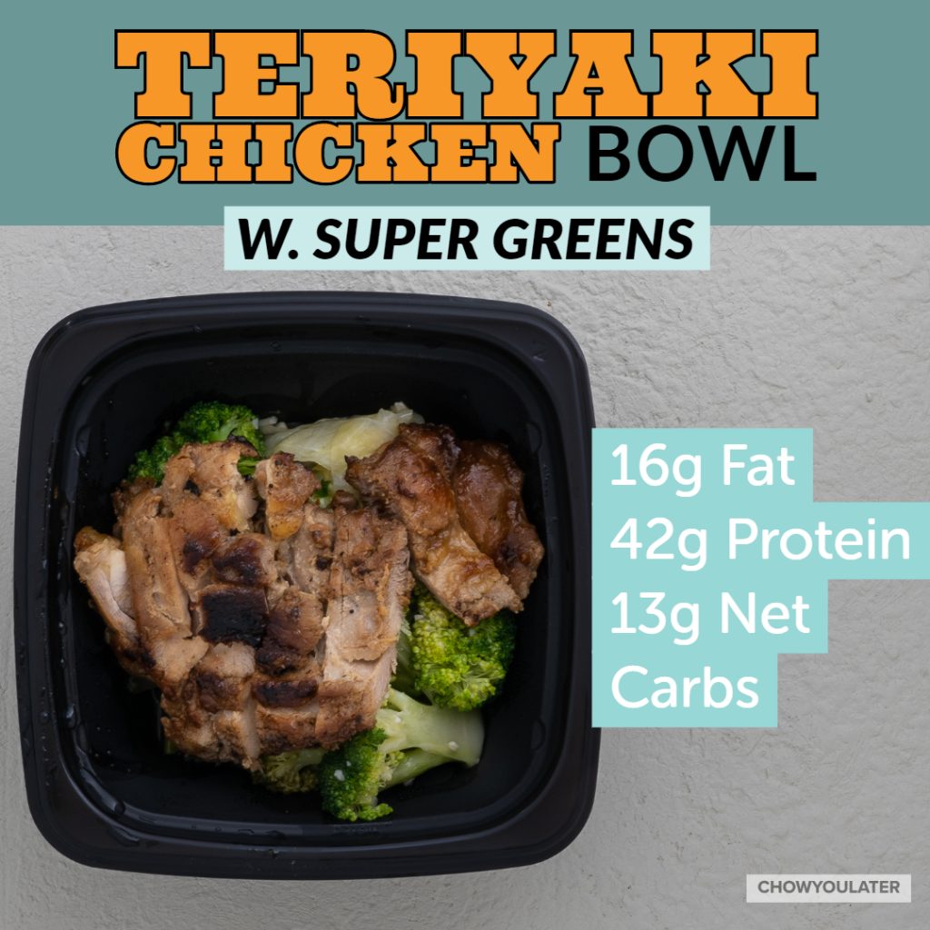 Keto Teriyaki Chicken Bowl with greens on white background