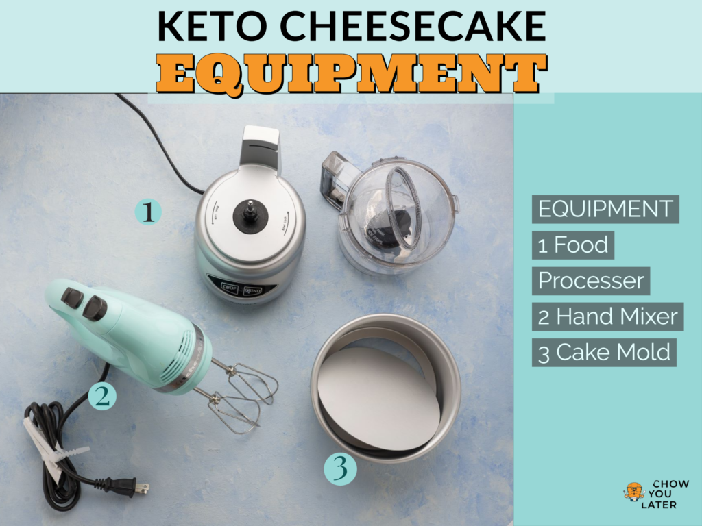 Equipment needed to make keto cheesecake laid out on light blue surface