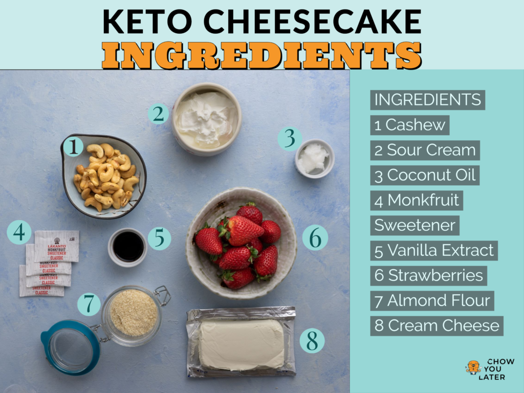 Ingredients of keto cheesecake laid out on light blue surface