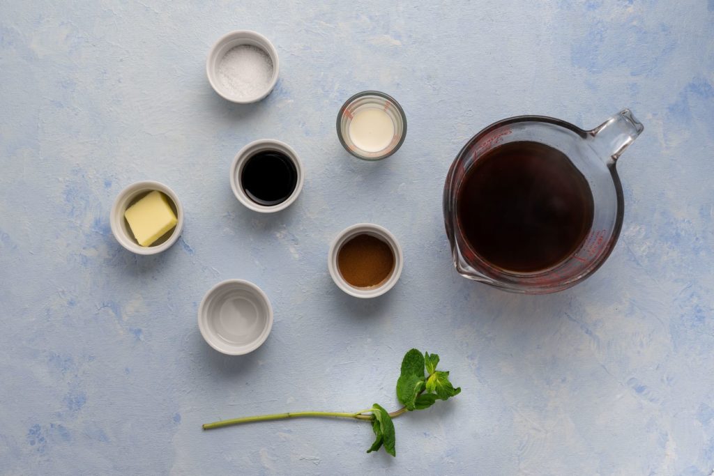 8 ingredients laid out on floor, overhead shot